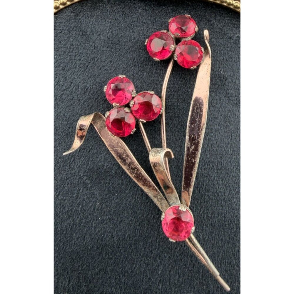 Vintage Flower Brooch Sterling Silver Long Copper Tone Petals Pink Glass Stones